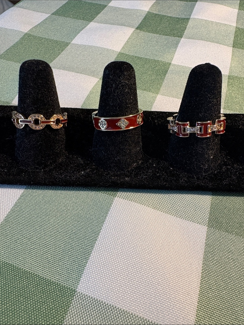 Three Gold-Tone Red Enamel Link Ring